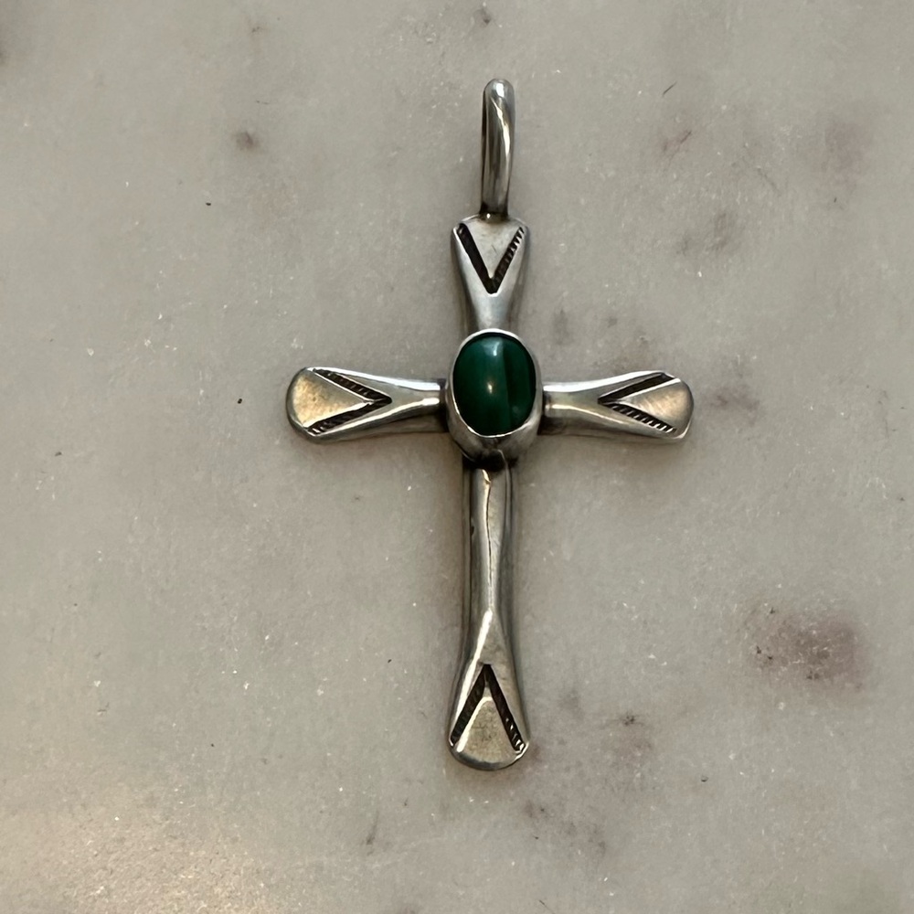 Vintage Signed RP Navajo Hand wrought Sterling Silver Cross Pendant w Ma…